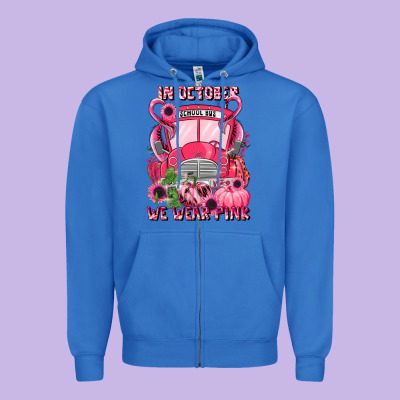 In October We Wear Pink Halloween School Bus Zipper Hoodie Designed By Lillyallendesigns