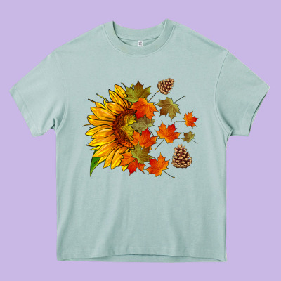 Sunflower And Autumn Leaves Heavy Core Tee Designed By Hra Design Shop