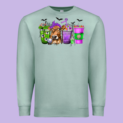 Coffee Cups With Cow And Halloween Premium Sweatshirt Designed By Texasbilliewilder