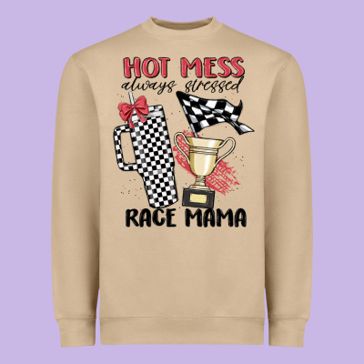 Hot Mess Always Stressed Race Mama Heavyweight Sweatshirt Designed By Maliassmallbusiness