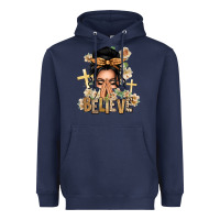 Navy Black Hair Believe Praying Caucasian Messy Bun Heavyweight Hoodie - texasbilliewilder