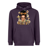 Plum Black Hair Believe Praying Caucasian Messy Bun Heavyweight Hoodie - texasbilliewilder