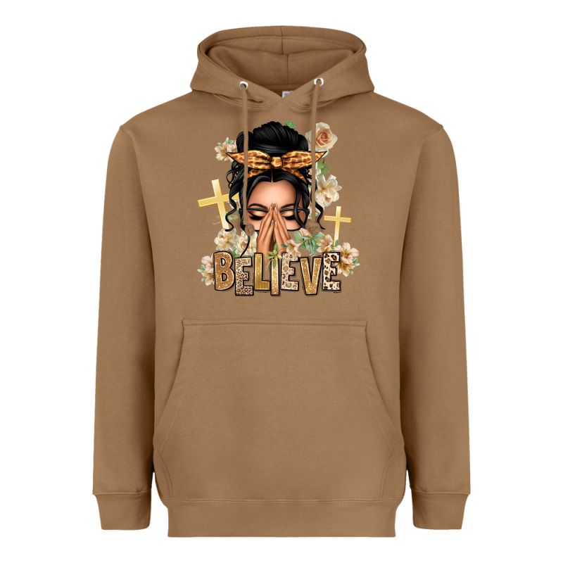 Black Hair Believe Praying Caucasian Messy Bun Heavyweight Hoodie by texasbilliewilder | Teevron