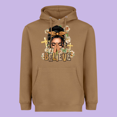 Black Hair Believe Praying Caucasian Messy Bun Heavyweight Hoodie Designed By Texasbilliewilder