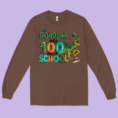 Roaring Into 100 Day Of School Long Sleeve Tee Designed By Maliassmallbusiness
