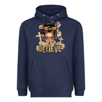 Navy Gray Hair Believe Praying Caucasian Messy Bun Heavyweight Hoodie - texasbilliewilder
