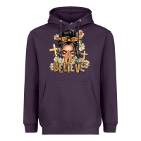 Plum Gray Hair Believe Praying Caucasian Messy Bun Heavyweight Hoodie - texasbilliewilder