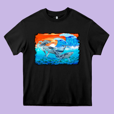 Humpback Whale And Wave Background Heavy Core Tee Designed By Barkaloodesign