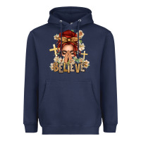 Navy Red Hair Believe Praying Caucasian Messy Bun Heavyweight Hoodie - texasbilliewilder