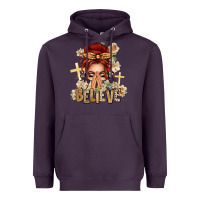 Plum Red Hair Believe Praying Caucasian Messy Bun Heavyweight Hoodie - texasbilliewilder