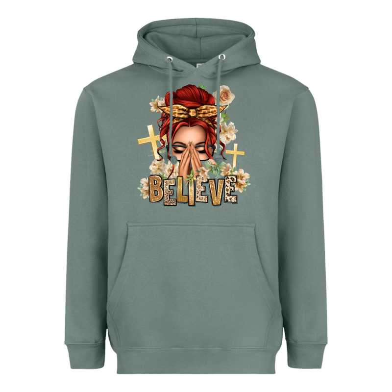 Red Hair Believe Praying Caucasian Messy Bun Heavyweight Hoodie by texasbilliewilder | Teevron