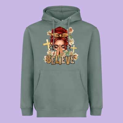 Red Hair Believe Praying Caucasian Messy Bun Heavyweight Hoodie Designed By Texasbilliewilder