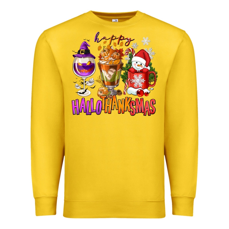 Happy Hallothanksmas Wine Glass And Coffee Premium Sweatshirt by NancyCooperArtShop | Teevron