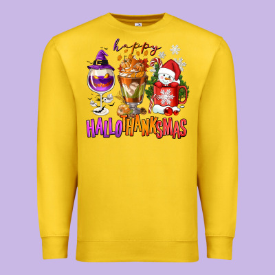 Happy Hallothanksmas Wine Glass And Coffee Premium Sweatshirt Designed By Nancycooperartshop