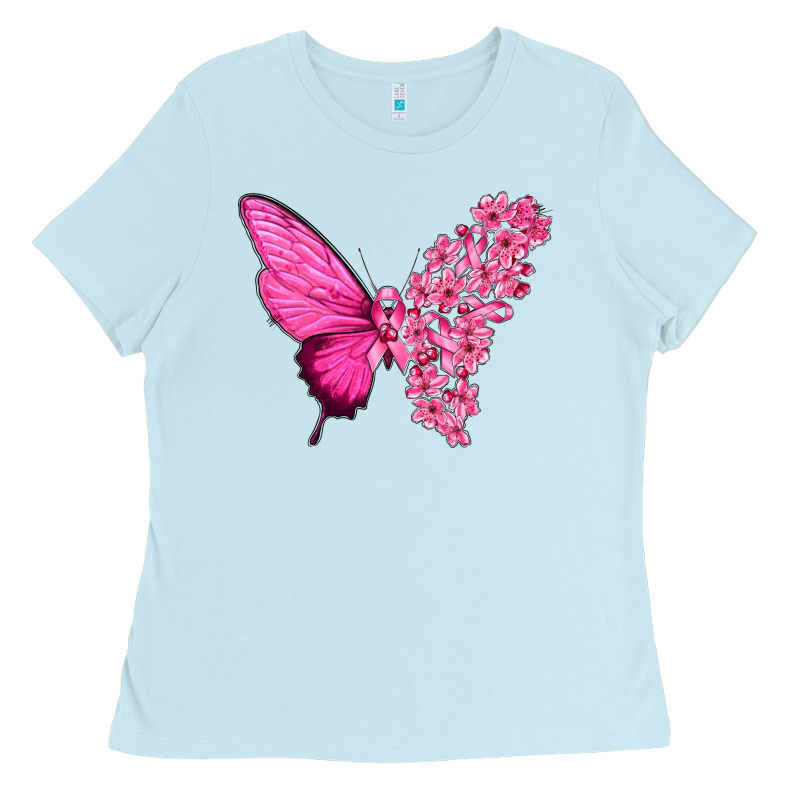 Pink Flowers And Breast Cancer Ribbon Butterfly Ladies Tee by texasbilliewilder | Teevron