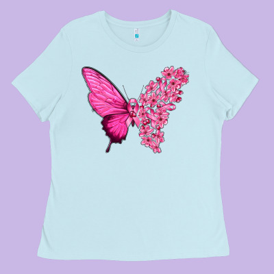 Pink Flowers And Breast Cancer Ribbon Butterfly Ladies Tee Designed By Texasbilliewilder
