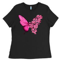 Black Pink Flowers and Breast Cancer Ribbon Butterfly Ladies Tee - texasbilliewilder