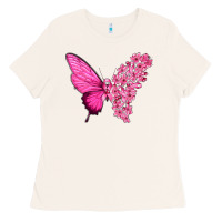 Bone Pink Flowers and Breast Cancer Ribbon Butterfly Ladies Tee - texasbilliewilder