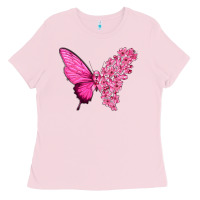 Bubblegum Pink Pink Flowers and Breast Cancer Ribbon Butterfly Ladies Tee - texasbilliewilder