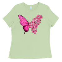 Matcha Pink Flowers and Breast Cancer Ribbon Butterfly Ladies Tee - texasbilliewilder