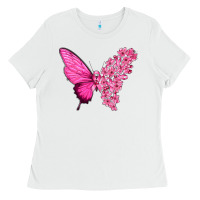 White Pink Flowers and Breast Cancer Ribbon Butterfly Ladies Tee - texasbilliewilder