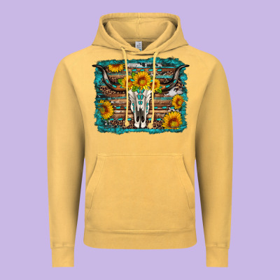 Longhorn Bull Skull Western Turquoise Background Vintage Hoodie Designed By Artiststas
