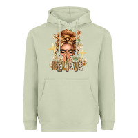 Matcha Blonde Hair Believe Praying Caucasian Messy Bun Heavyweight Hoodie - texasbilliewilder