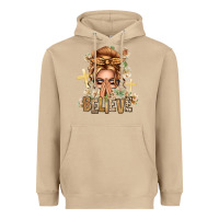 Mushroom Blonde Hair Believe Praying Caucasian Messy Bun Heavyweight Hoodie - texasbilliewilder