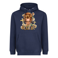 Navy Blonde Hair Believe Praying Caucasian Messy Bun Heavyweight Hoodie - texasbilliewilder