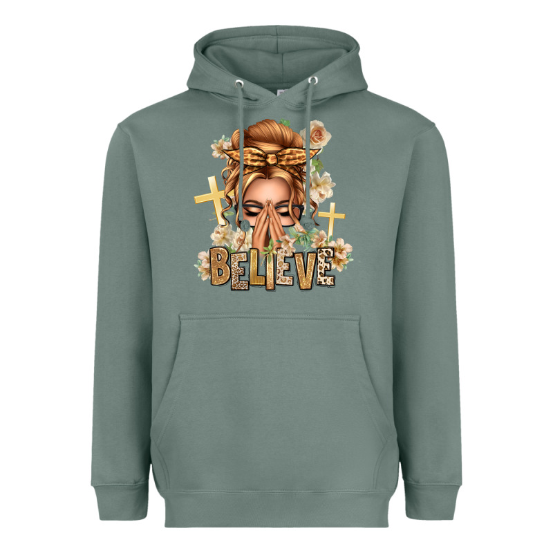 Blonde Hair Believe Praying Caucasian Messy Bun Heavyweight Hoodie by texasbilliewilder | Teevron