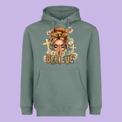 Blonde Hair Believe Praying Caucasian Messy Bun Heavyweight Hoodie Designed By Texasbilliewilder
