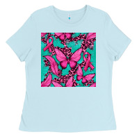 Baby Blue Pink Butterfly with Ribbon Cancer Ladies Tee - texasbilliewilder
