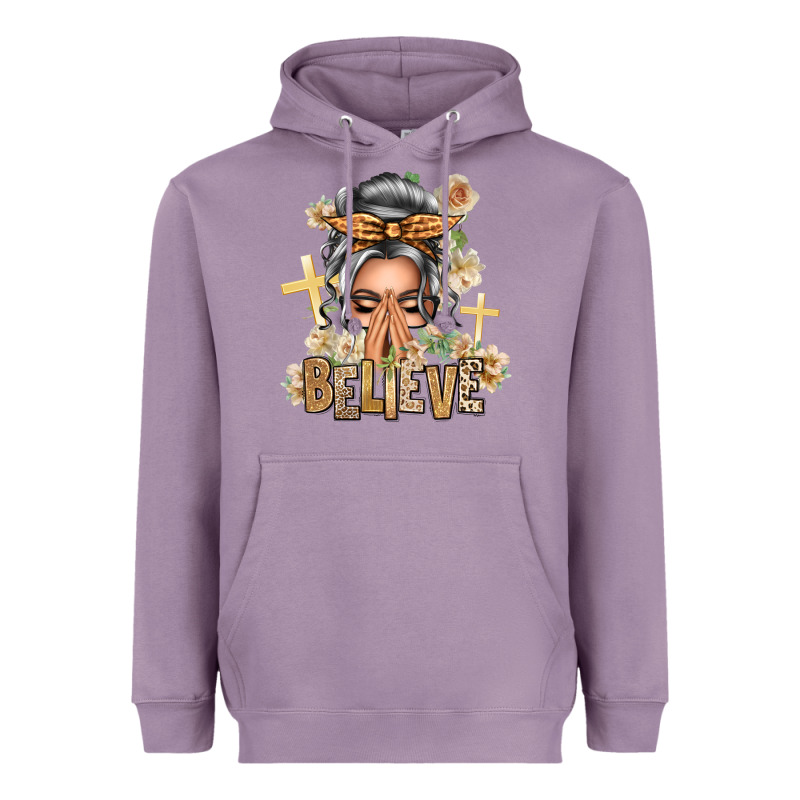 Silver White Believe Praying Caucasian Messy Bun Heavyweight Hoodie by texasbilliewilder | Teevron
