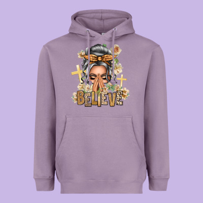 Silver White Believe Praying Caucasian Messy Bun Heavyweight Hoodie Designed By Texasbilliewilder