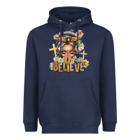 Navy Silver White Believe Praying Caucasian Messy Bun Heavyweight Hoodie - texasbilliewilder