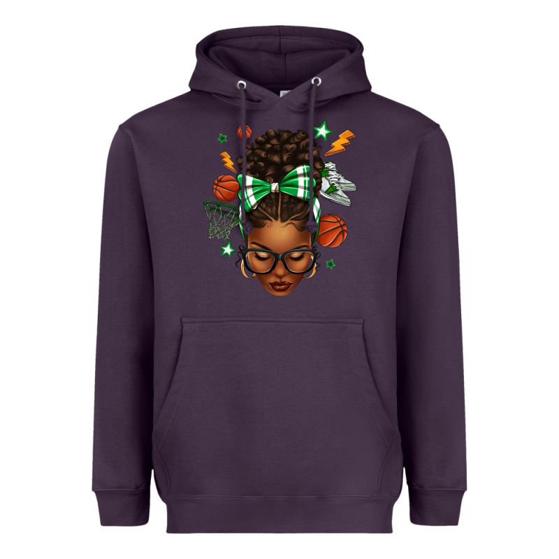 Afro Messy Bun Basketball Green Bow Heavyweight Hoodie by texasbilliewilder | Teevron