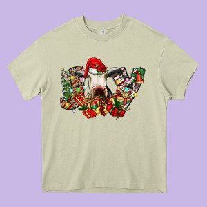 Christmas Joy Cow Heavy Core Tee Designed By Cowhidedigitalart
