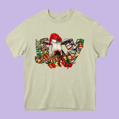 Christmas Joy Cow Heavy Core Tee Designed By Cowhidedigitalart