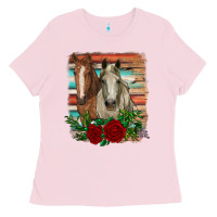 Bubblegum Pink horses with roses Ladies Tee - RanaPortraitStore