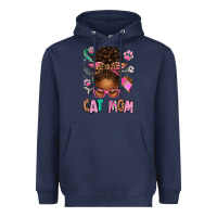 Navy Afro Messy Bun Cat Mom Heavyweight Hoodie - texasbilliewilder