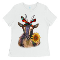 White sunflower aztec ribbon goat Ladies Tee - RanaPortraitStore