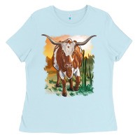 Baby Blue longhorn cow with desert background Ladies Tee - RanaPortraitStore