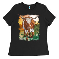 Black longhorn cow with desert background Ladies Tee - RanaPortraitStore