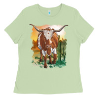 Matcha longhorn cow with desert background Ladies Tee - RanaPortraitStore