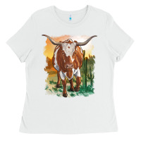 White longhorn cow with desert background Ladies Tee - RanaPortraitStore