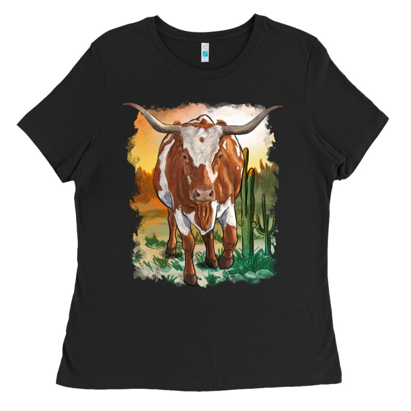 Longhorn Cow With Desert Background Ladies Tee by RanaPortraitStore | Teevron