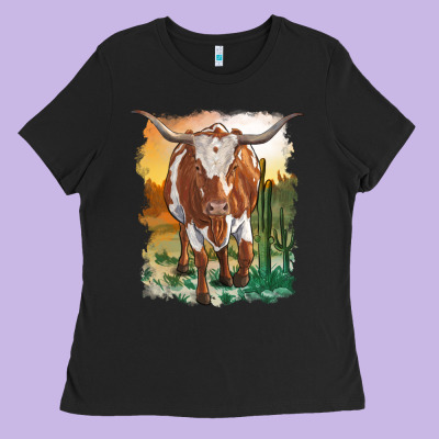 Longhorn Cow With Desert Background Ladies Tee Designed By Ranaportraitstore
