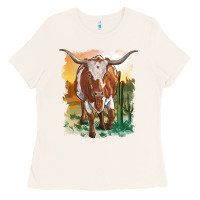 Bone longhorn cow with desert background Ladies Tee - RanaPortraitStore
