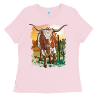Bubblegum Pink longhorn cow with desert background Ladies Tee - RanaPortraitStore