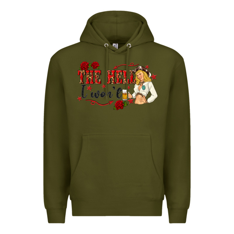 The Hell I Wont With Sassy Pinup Cowgirl Premium Hoodie by texasbilliewilder | Teevron